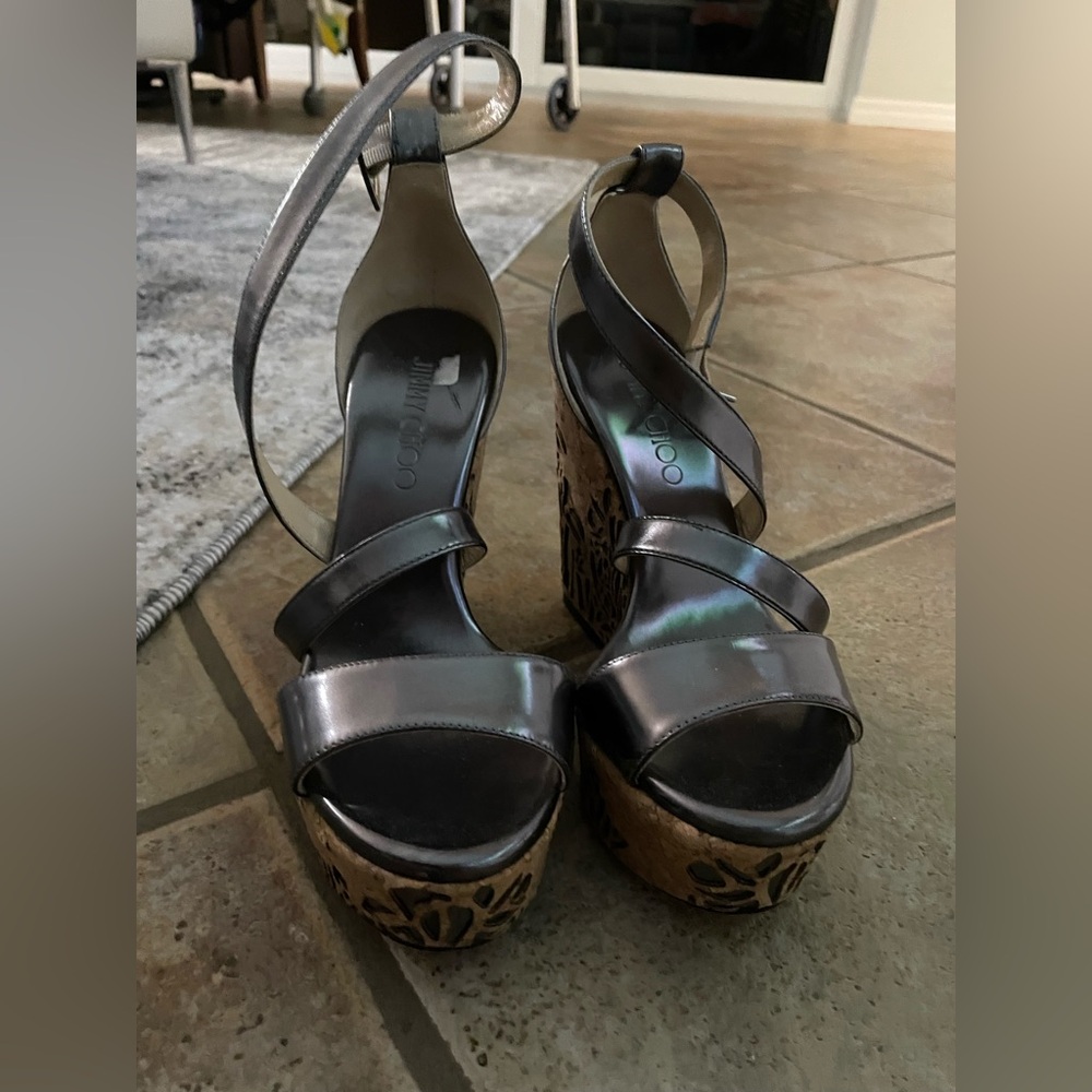 Jimmy Choo Metallic Grey Portia Laser Cut Cork Wedge Cross Strap Sandals Size 36